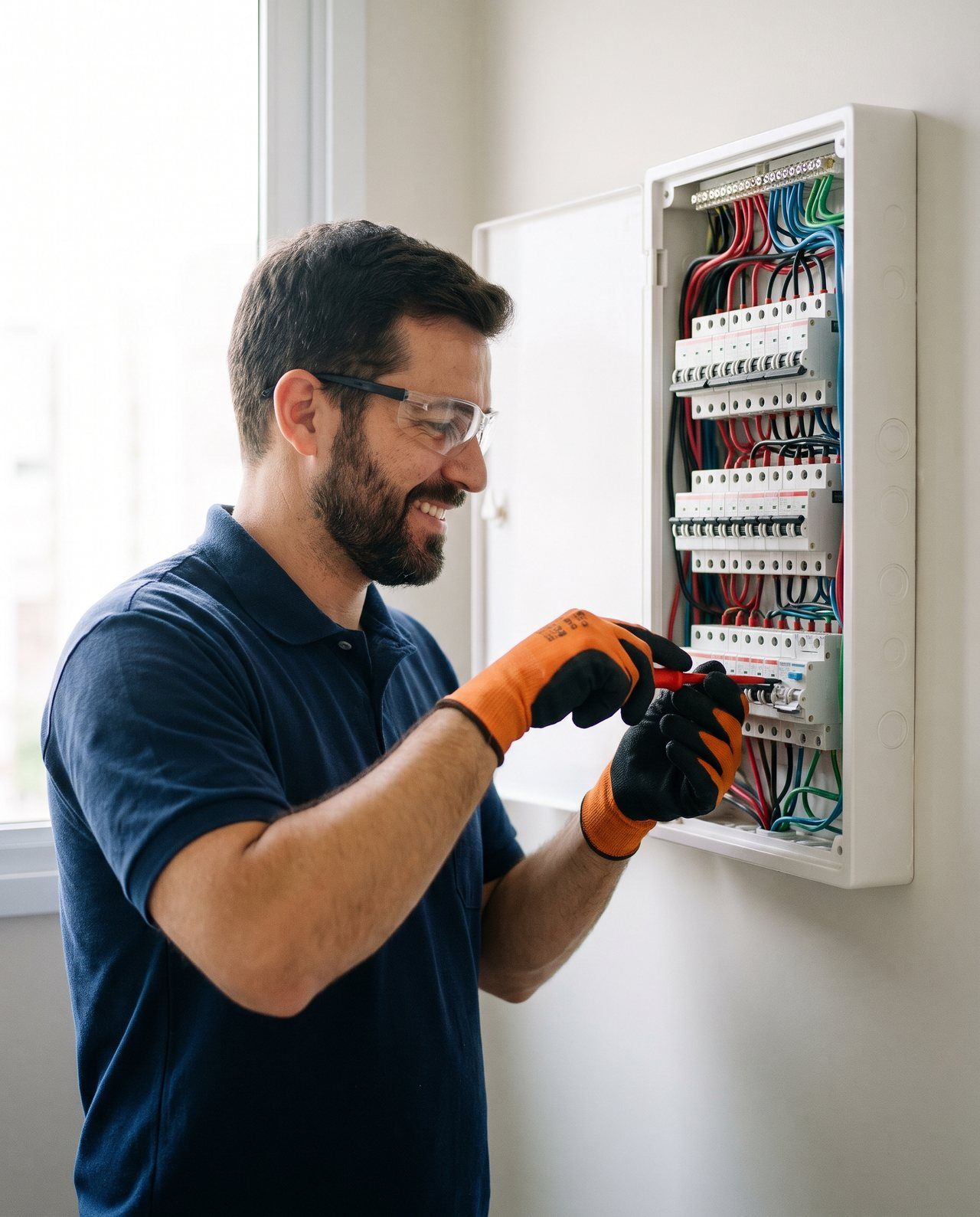 Eletricista sorrindo, de óculos de proteção e luvas, apertando um disjuntor no quadro de distribuição